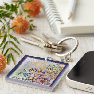 Vlinder libel en bloemen gepersonaliseerd sleutelhanger