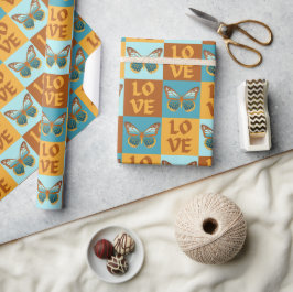 Vlinder liefde patroon | Blauw & Oranje helling Cadeaupapier