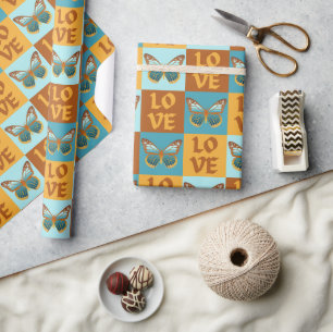 Vlinder liefde patroon   Blauw & Oranje helling Cadeaupapier