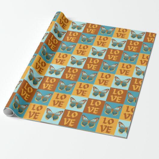Vlinder liefde patroon | Blauw & Oranje helling Cadeaupapier (Uitgerold)