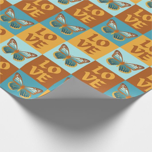 Vlinder liefde patroon | Blauw & Oranje helling Cadeaupapier (Hoek)