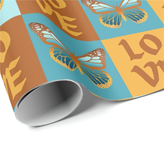 Vlinder liefde patroon | Blauw & Oranje helling Cadeaupapier (Rol Hoek)