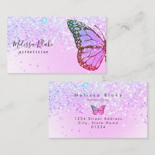 Vlinder logo op faux glitter ontwerp visitekaartje (Voorkant / Achterkant)