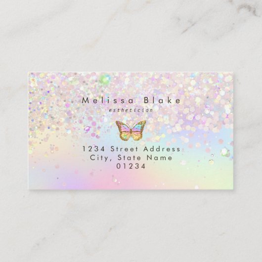 Vlinder logo op faux pastel glitter ontwerp visitekaartje (Achterkant)