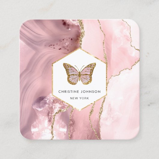 Vlinder logo op roze agaat vierkante visitekaartje (Voorkant)