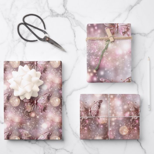 Vlinder magische betoverde roze patroon naadloos inpakpapier vel (Voorkant)