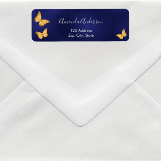 Vlinder marineblauw gouden retouradreslabel etiket