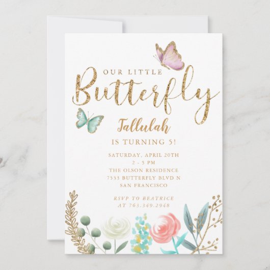 vlinder meisjes verjaardagsfeestje kaart (Voorkant)