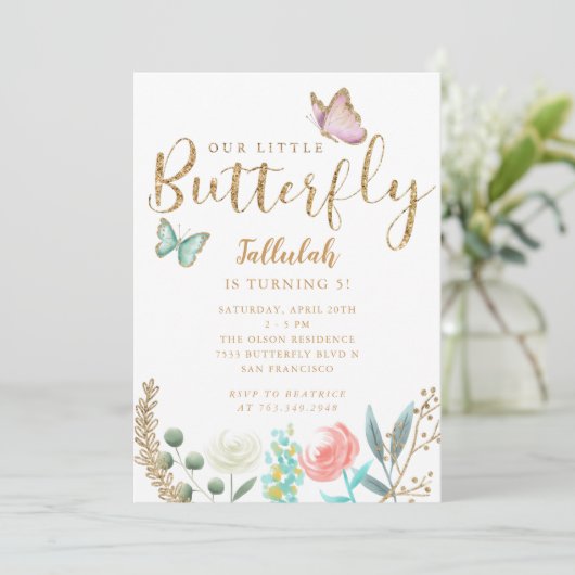vlinder meisjes verjaardagsfeestje kaart (Staand voorkant)