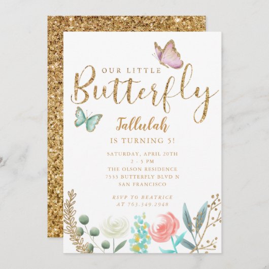 vlinder meisjes verjaardagsfeestje kaart (Voorkant / Achterkant)