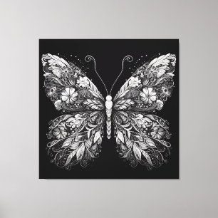 Vlinder met bloempatroon in wit inktontwerp canvas afdruk