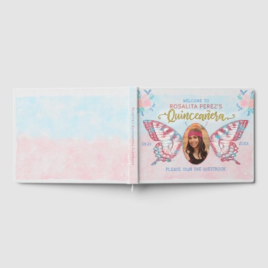 Vlinder met foto Quinceanera Sweet 15 Verjaardag Gastenboek (Volledig)