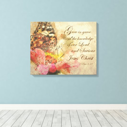 vlinder met groei in Grace Bible Verse Canvas Afdruk (Insitu (Houten vloer))