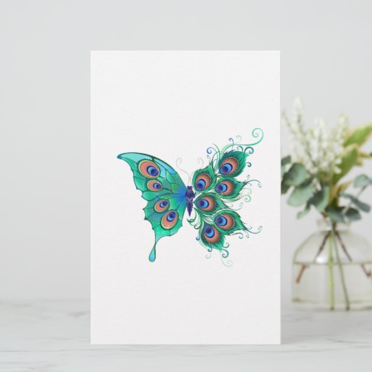 Vlinder met groene pauwenveren briefpapier (Staand voorkant)