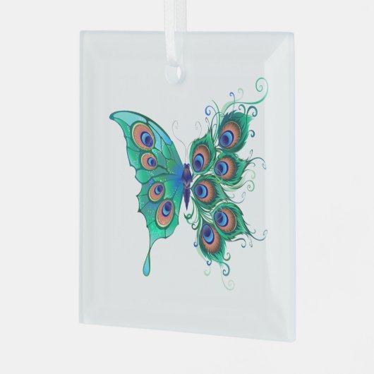 Vlinder met groene pauwenveren glas ornament (Voorkant links)