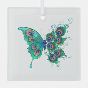 Vlinder met groene pauwenveren glas ornament