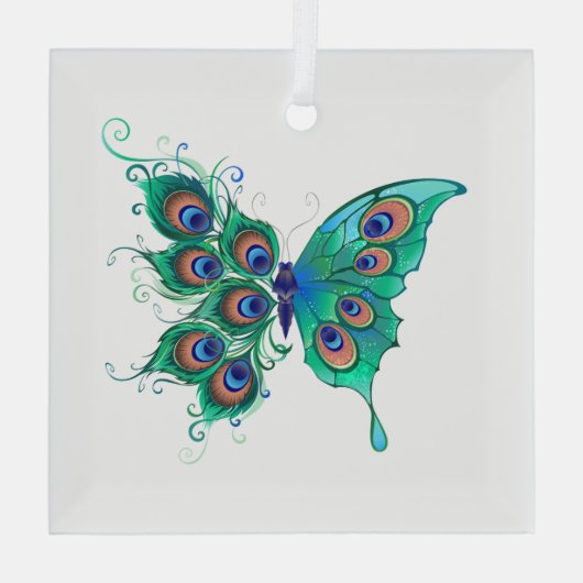 Vlinder met groene pauwenveren glas ornament (Achterkant)