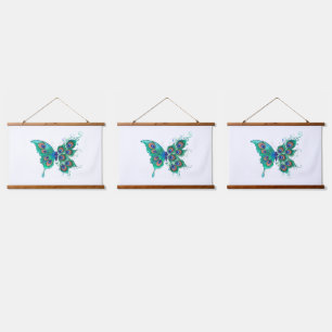Vlinder met groene pauwenveren hangend wandkleed