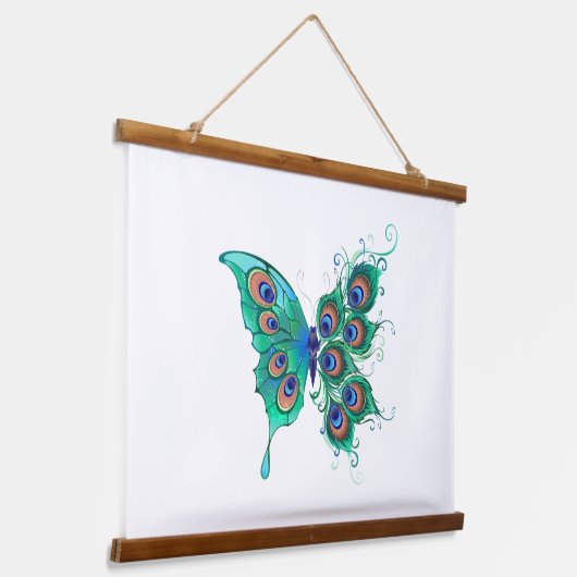 Vlinder met groene pauwenveren hangend wandkleed (Gebogen)