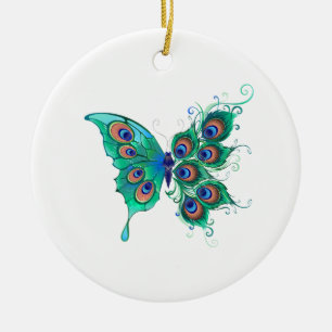 Vlinder met groene pauwenveren keramisch ornament