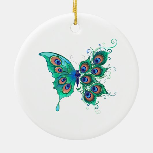 Vlinder met groene pauwenveren keramisch ornament (Achterkant)
