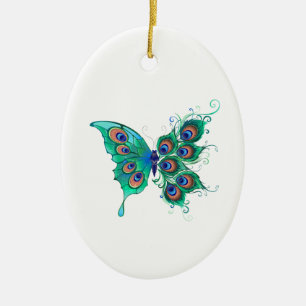 Vlinder met groene pauwenveren keramisch ornament