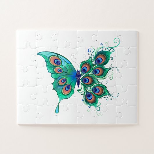 Vlinder met groene pauwenveren legpuzzel (Horizontaal)