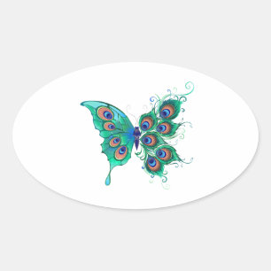 Vlinder met groene pauwenveren ovale sticker