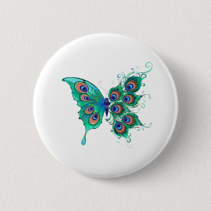 Vlinder met groene pauwenveren ronde button 5,7 cm