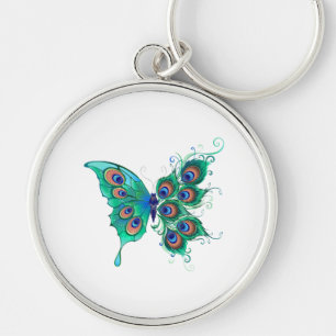 Vlinder met groene pauwenveren sleutelhanger