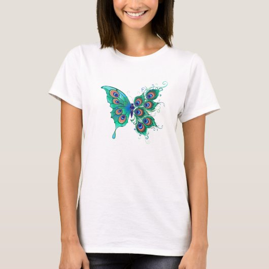 Vlinder met groene pauwenveren t-shirt (Voorkant)