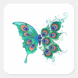 Vlinder met groene pauwenveren vierkante sticker