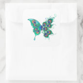 Vlinder met groene pauwenveren vierkante sticker (Tas)