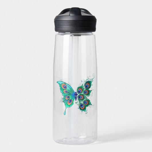 Vlinder met groene pauwenveren waterfles (Voorkant)