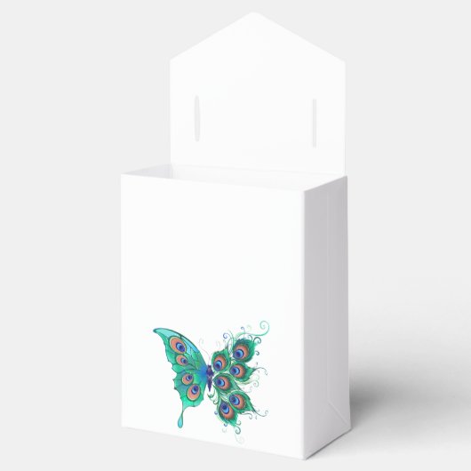 Vlinder met groene pauwveren bedankdoosjes (Geopend)