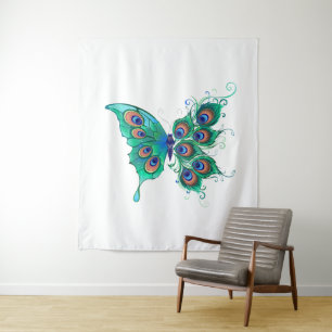 Vlinder met groene pauwveren wandkleed