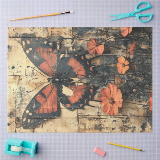 Vlinder met oranje bloemetjes tissuepapier (Craft)