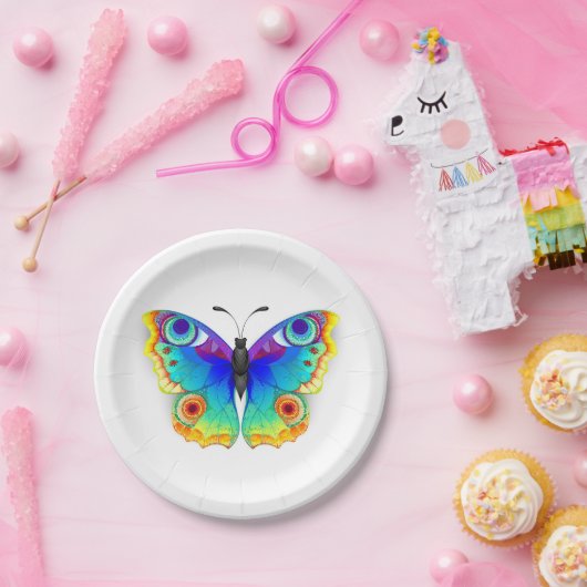 Vlinder met pauwenogen in regenboogkleuren papieren bordje (Feest)