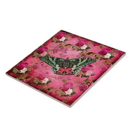  vlinder met rode witte rozen handschrift tegeltje (Zijkant)