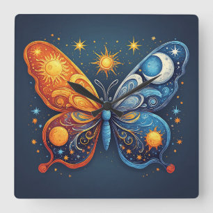 Vlinder met twee kleuren boven heldere zon vierkante klok