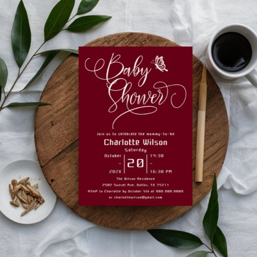 Vlinder Modern Minimaal Dieprode Baby Shower Kaart