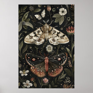 Vlinder Mottenprint, Donkere Bloemige Botanische K Poster