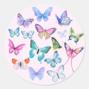 Vlinder, natuur, lente, roze, bruidsuitnodiging ronde sticker