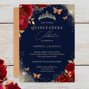 Vlinder Navy Rode Rozen Gouden Tiara Quinceanera Folie Uitnodiging