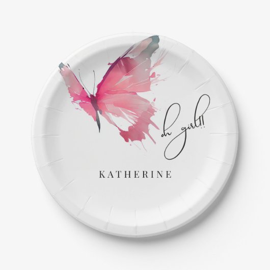 Vlinder Oh Meisje Custom Wit Baby shower Papieren Bordje (Voorkant)