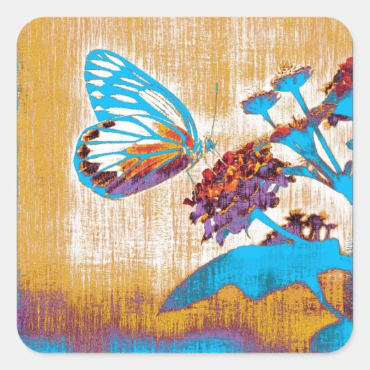  vlinder op bloem vierkante sticker (Voorkant)
