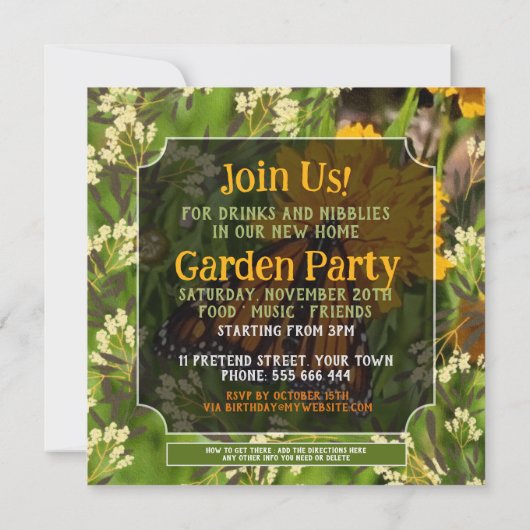 Vlinder op bloementuin Housewarming Party Kaart (Achterkant)