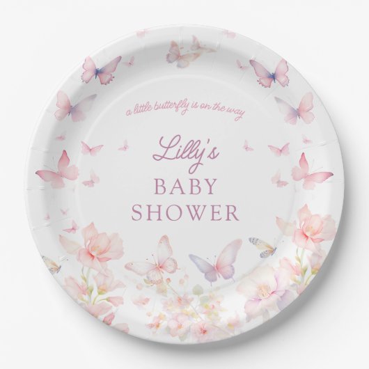 Vlinder op de Way Pink Flowers Baby shower Papieren Bordje (Voorkant)