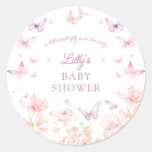 Vlinder op de Way Pink Flowers Baby shower Ronde Sticker