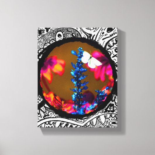 Vlinder op een Kleurrijke Bloem Kunst Canvas Afdruk (Voorkant)